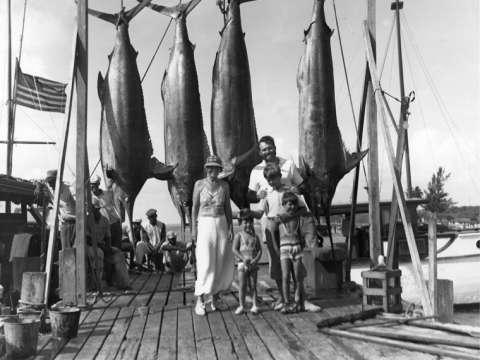 Ernest, Pauline, Bumby, Patrick, and Gregory Hemingway pose with marlins after a fishing trip to Bimini in 1935