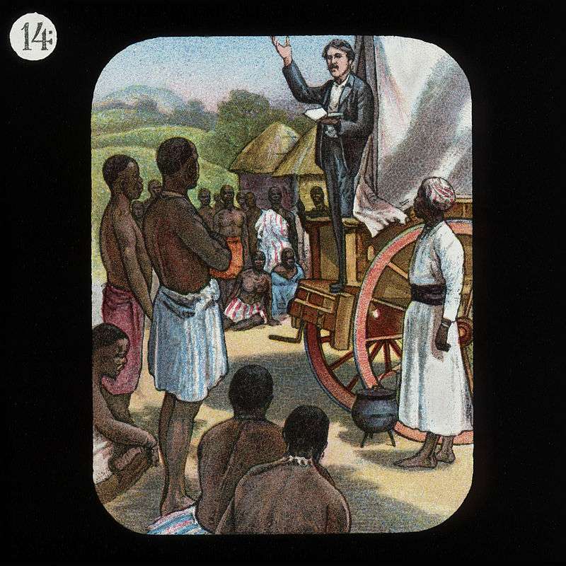 Livingstone preaching the gospel to unconverted Africans. Like other missionaries of the era he had a low success rate and is credited with a single conversion.