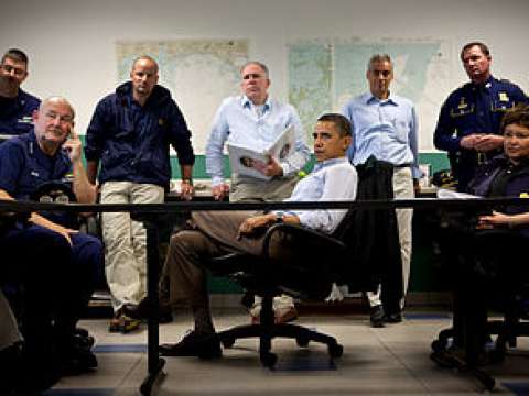 Obama at a 2010 briefing on the BP oil spill at the Coast Guard Station Venice in Venice, Louisiana