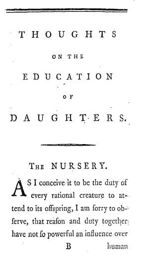 First page of the first edition of Thoughts on the Education of Daughters (1787)