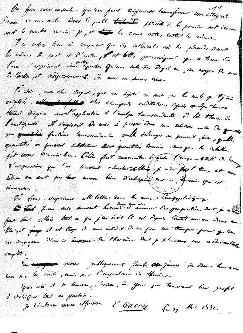 The final page of Galois' mathematical testament, in his own hand. The phrase 