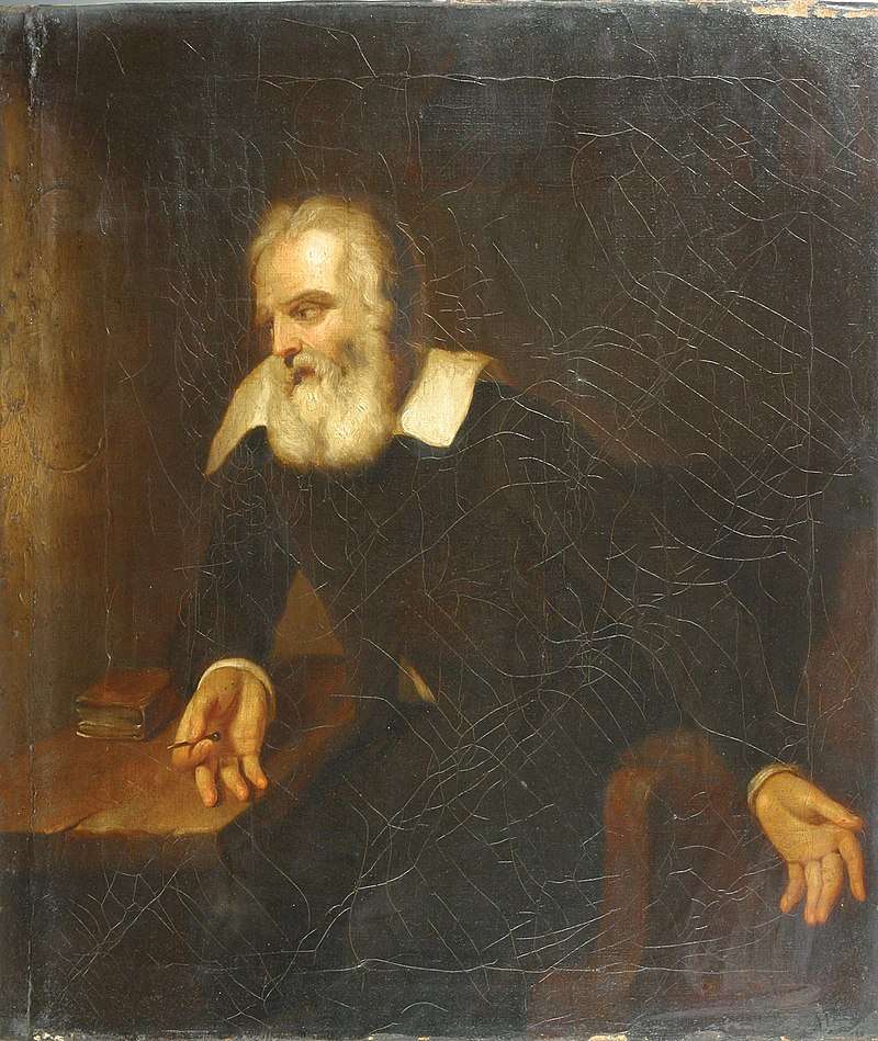 Portrait, attributed to Murillo, of Galileo gazing at the words 