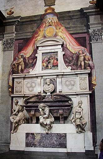 Tomb of Michelangelo (1578) by Giorgio Vasari in the Basilica of Santa Croce, Florence.