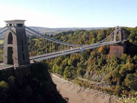 The Clifton Suspension Bridge spans Avon Gorge, linking Clifton in Bristol to Leigh Woods in North Somerset