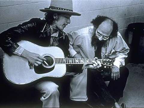 Bob Dylan with Allen Ginsberg on the Rolling Thunder Revue in 1975. Photo: Elsa Dorfman