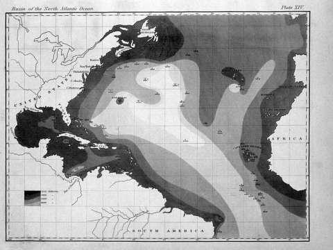 First printed map of oceanic bathymetry, published by Maury in Explanations with data from USS Dolphin (1836)