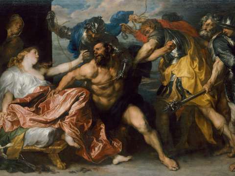Samson and Delilah, c. 1630, a history painting in the manner of Rubens. The use of saturated colours reveals van Dyck's study of Titian