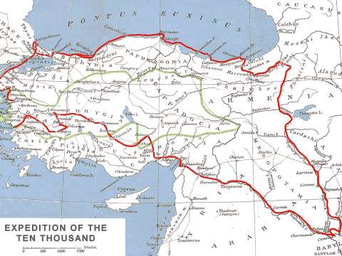 Route of Xenophon and the Ten Thousand (red line) in the Achaemenid Empire. The satrapy of Cyrus the Younger is delineated in green.