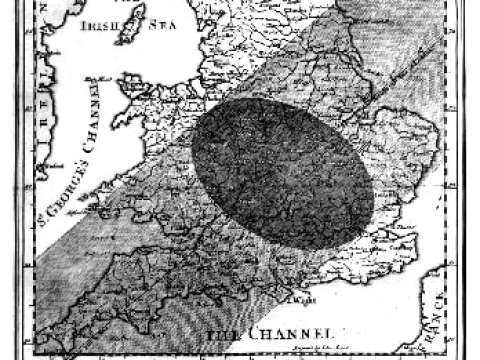 Halley's map of the path of the Solar eclipse of 3 May 1715 across England