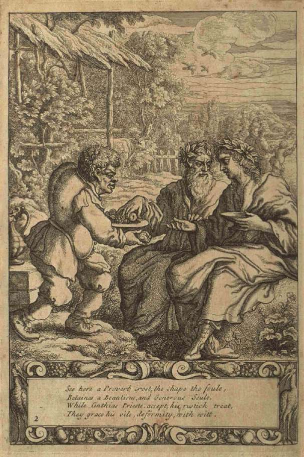 Aesop (left) as depicted by Francis Barlow in the 1687 edition of Aesop's Fables with His Life.