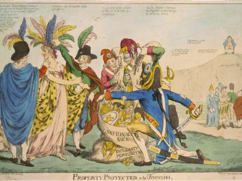A political cartoon depicts the XYZ Affair – America is a female being plundered by Frenchmen. (1798)