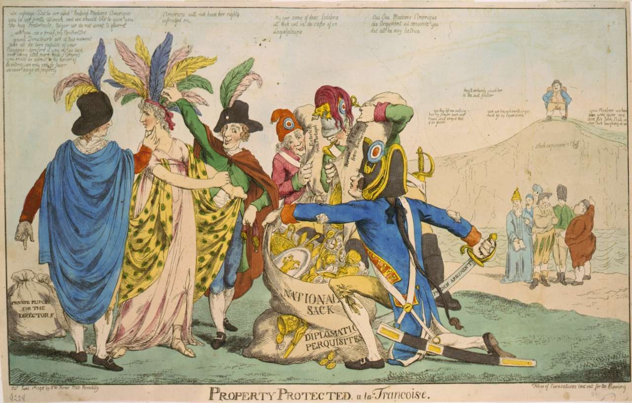 A political cartoon depicts the XYZ Affair – America is a female being plundered by Frenchmen. (1798)