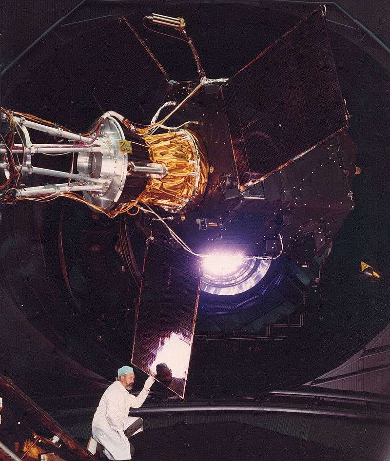 Hipparcos satellite in the Large Solar Simulator, ESTEC, February 1988.