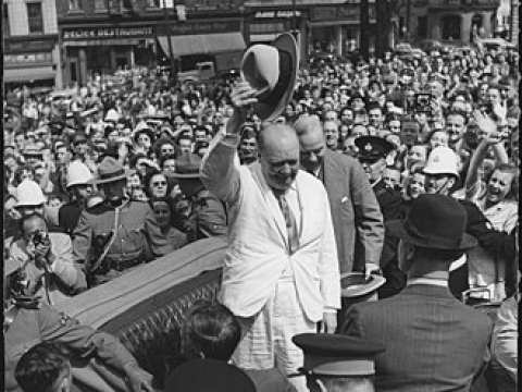 Churchill is greeted by a crowd in Québec City, Canada, 1943