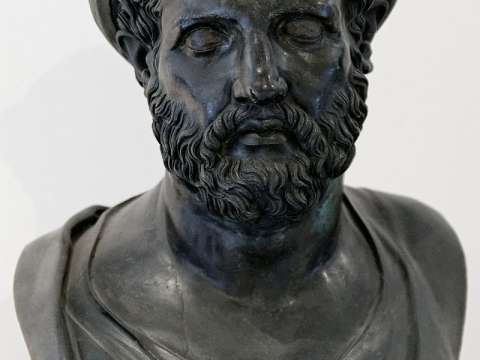 Bronze bust of a philosopher wearing a tainia from Villa of the Papyri, Herculaneum, possibly a fictional bust of Pythagoras