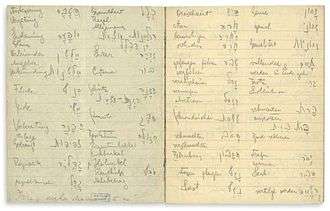 Franz Kafka Notebook with words in German and Hebrew.