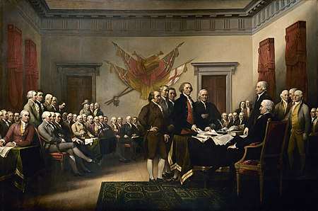 John Trumbull's Declaration of Independence depicts the Committee of Five presenting its draft to Congress. Adams is depicted in the center with his hand on his hip.