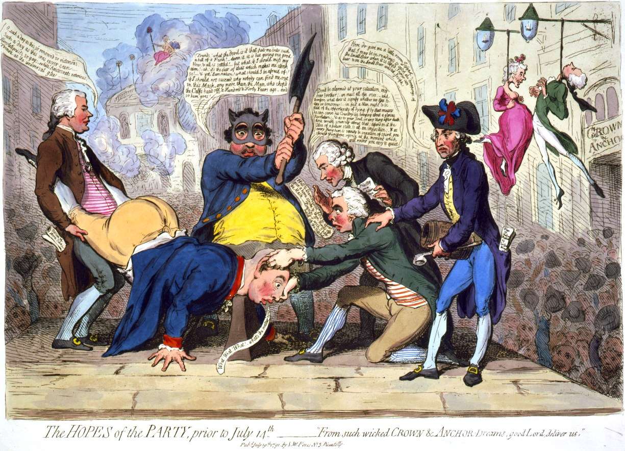 In The Hopes of the Party (1791), Gillray caricatured Fox with an axe about to strike off the head of George III, in imitation of the French Revolution.