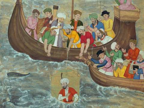 Detail of a 16th-century Islamic painting depicting Alexander the Great being lowered in a glass submersible