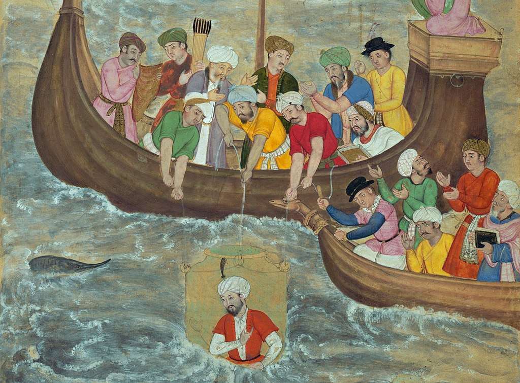 Detail of a 16th-century Islamic painting depicting Alexander the Great being lowered in a glass submersible