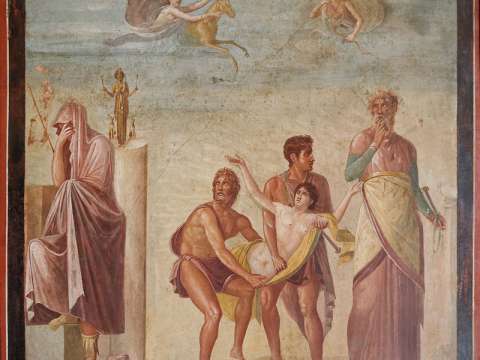 First-century AD Roman fresco from Pompeii, showing the mythical human sacrifice of Iphigenia, daughter of Agamemnon.