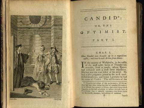 Frontispiece and first page of an early English translation by T. Smollett et al. of Voltaire's Candide, 1762