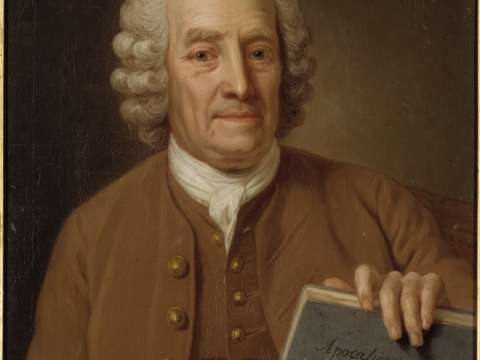Swedenborg at the age of 75, holding the soon to be published manuscript of Apocalypse Revealed (1766)