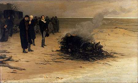 The Funeral of Shelley by Louis Édouard Fournier (1889). Pictured in the centre are, from left, Trelawny, Hunt, and Byron.