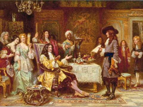 The Birth of Pennsylvania, 1680, by Jean Leon Gerome Ferris. William Penn, holding paper, standing and facing King Charles II, in the King's breakfast chamber at Whitehall.