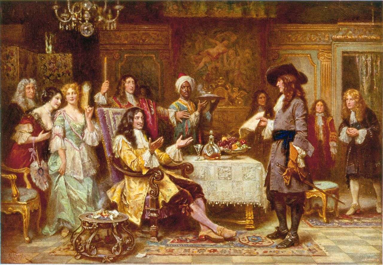 The Birth of Pennsylvania, 1680, by Jean Leon Gerome Ferris. William Penn, holding paper, standing and facing King Charles II, in the King's breakfast chamber at Whitehall.