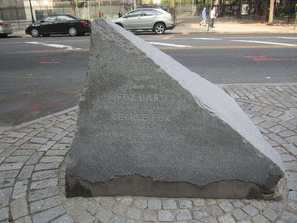 This stone in Flushing, New York, located across from the John Bowne House commemorates the place where George Fox preached a sermon on 7 June 1672.