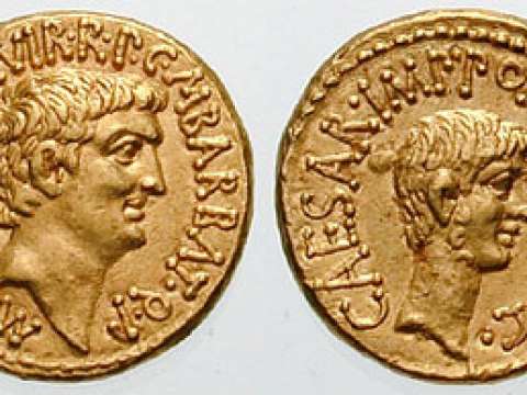 Roman aureus bearing the portraits of Mark Antony (left) and Octavian (right), issued in 41 BC to celebrate the establishment of the Second Triumvirate by Octavian