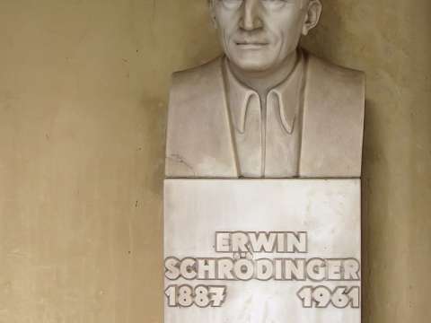 Bust of Schrödinger, in the courtyard arcade of the main building, University of Vienna, Austria