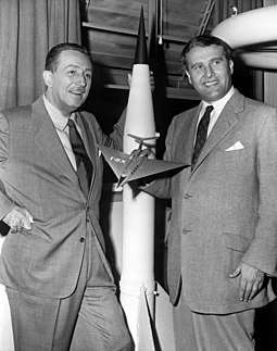 Walt Disney and von Braun, seen in 1954 holding a model of his passenger ship, collaborated on a series of three educational films.