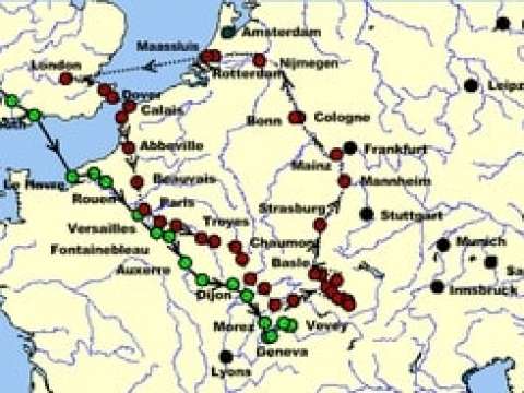 Routes of the 1814 and 1816 Continental tours