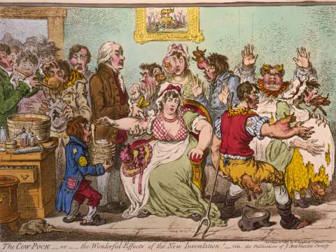 James Gillray's 1802 caricature of Jenner vaccinating patients who feared it would make them sprout cowlike appendages.