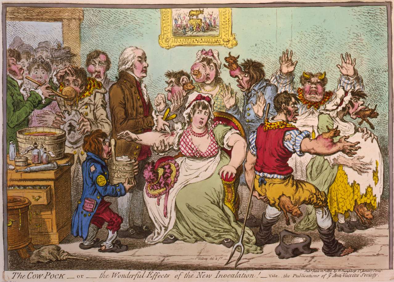 James Gillray's 1802 caricature of Jenner vaccinating patients who feared it would make them sprout cowlike appendages.