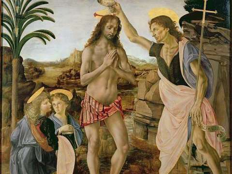The Baptism of Christ (1472–1475) by Verrocchio and Leonardo, Uffizi Gallery