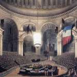 Nelson's coffin in the crossing of St Paul's during the funeral service, with the dome hung with captured French and Spanish flags
