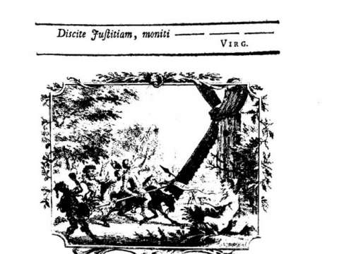Maupertuisiana (1753), published anonymously by Voltaire or König. On the cover is represented Don Quixote (Maupertuis) attacking the windmills with the broken lance and exclaiming 