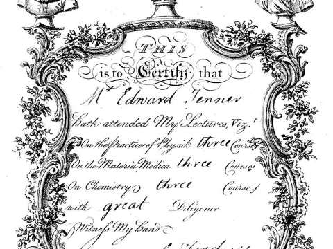 A lecturer's certificate of attendance given to Jenner. He attended many lectures on chemistry, medicine and physics.