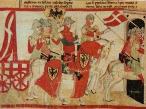 The victorious Battle of Cortenuova against the 2nd Lombard League (1237), Nuova Cronica (c. 1348).