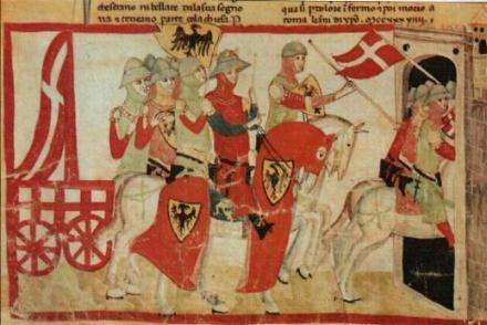 The victorious Battle of Cortenuova against the 2nd Lombard League (1237), Nuova Cronica (c. 1348).