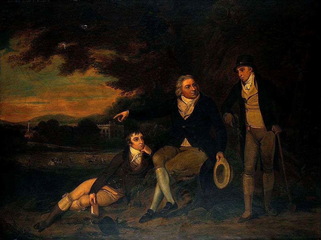 Edward Jenner advising a farmer to vaccinate his family. Oil painting by an English painter, c. 1910