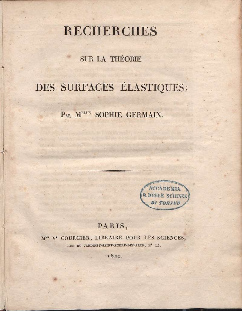 Récherches sur la théorie des surfaces élastiques, 1821