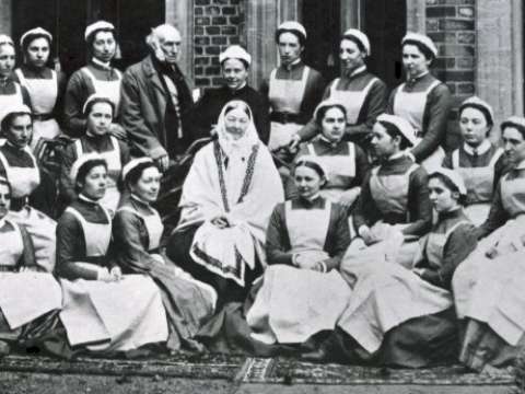 Florence Nightingale (middle) in 1886 with her graduating class of nurses from St Thomas' outside Claydon House, Buckinghamshire
