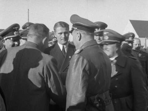 Von Braun with Fritz Todt, who utilized forced labor for major works across occupied Europe. Von Braun is wearing the Nazi party badge on his suit lapel.