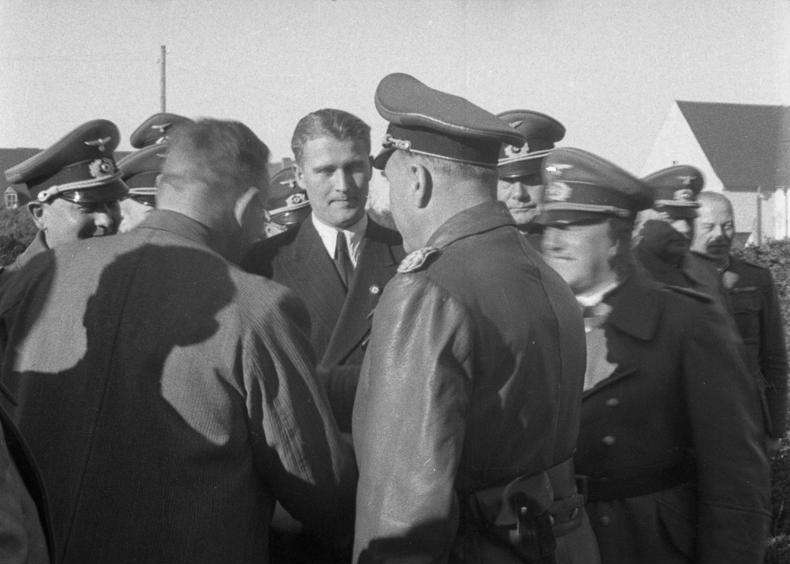 Von Braun with Fritz Todt, who utilized forced labor for major works across occupied Europe. Von Braun is wearing the Nazi party badge on his suit lapel.