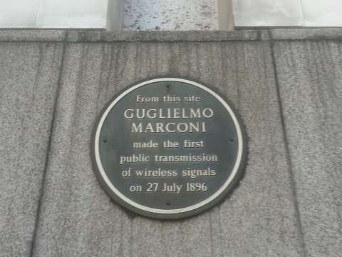 Plaque on the outside of the BT Centre commemorates Marconi's first public transmission of wireless signals.