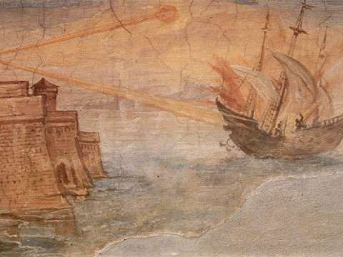 Artistic interpretation of Archimedes' mirror used to burn Roman ships. Painting by Giulio Parigi, c. 1599